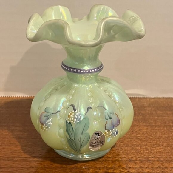 Fenton Iridized Sea Green Beaded Melon Pansies Vase Signed Frank & Tom Fenton - Picture 3 of 12